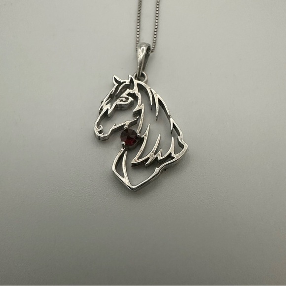 Sterling Silver Horse Pendant Necklace | 925 Italy Chain with Garnet Gemstone - Picture 1 of 16